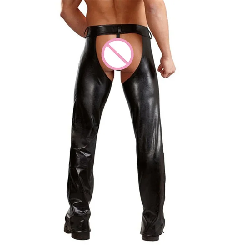 Men Trousers Leather Pants Cowboy Chaps Thongs Sleeves Backless Moto Cool Outfits Stripper Adult