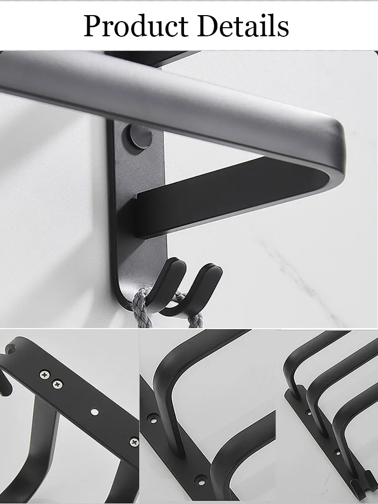 30-50CM Wall Mounted Towel Hanger Towel Rack Bathroom Accessories Aluminum Bar Rail Matte Black Shower Holder Hook