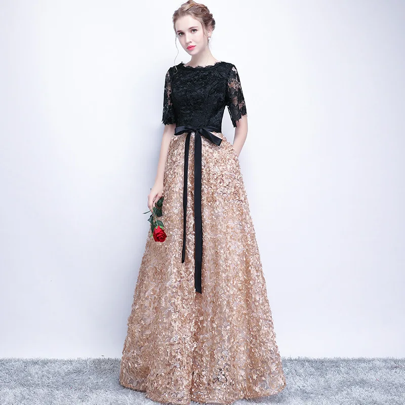 LANMU Vintage Black A-Line Lace Long Evening Dresses Half Sleeves Beaded scoop neck long appliques evening dress prom dress