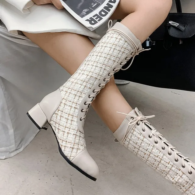 Ochanmeb Women Luxury Brand Tweed Boots Block Heels Lace-up 
