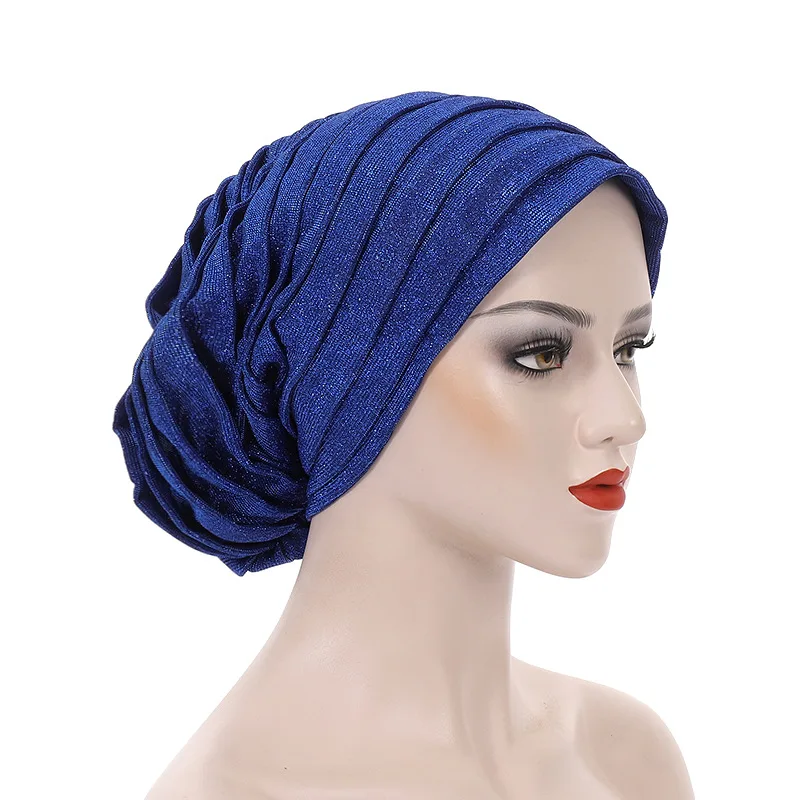 2024 Glitter Full Body Pleated Turban Cap for Auto Geles Women Head Wraps Muslim Hijab Headscarf Hat Turbante African Headpiece