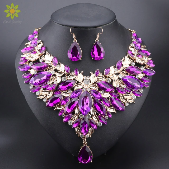 Necklace Earrings Violet Crystal Water-drop Style Bridal Wedding Jewelry  Set Pink 2 