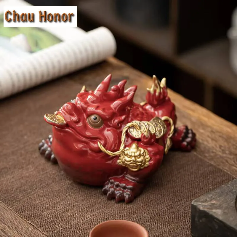 Retro Golden Toad Statue Zisha Yixing Copper Cash Tea Pet Lucky Tea Figurine Ornaments Raise Tea Set Decoration Accessories Gift