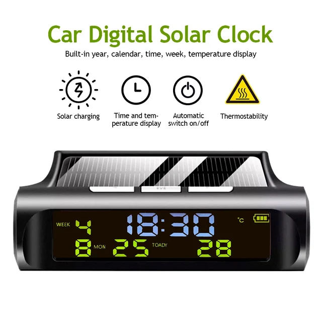 Car Clock USB Solar Charge Smart Digital Clock Calendar Time Temperature LED Display Automobile Interior Accessories Auto Start 6