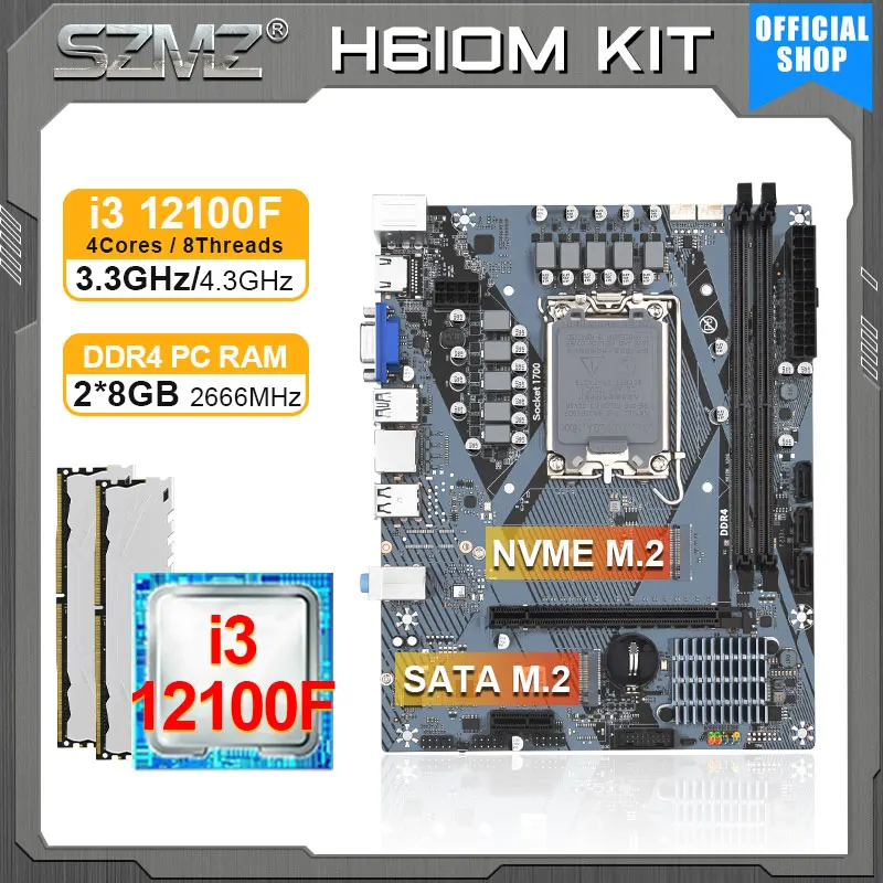 マザーボードセットJINGSHA-H610M,lga 1700キット,i3 12100f cpu 2x8GB 