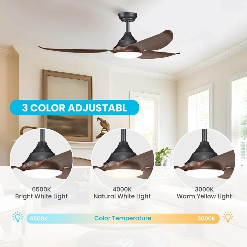 QW58'' Wood Fans Lights,Bedroom Ceiling Fan With Remote 3 Blades,5 Speeds,LED Dimmable 3000K/4000K/6500K,Rev