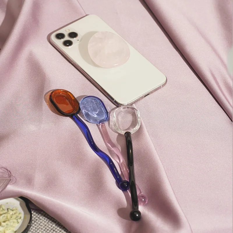 유리 디저트 스푼 웨이브 레인보우 스플라이스 컬러, 귀여운 캔디 크리에이티브 믹스, 물컵 스푼, 2 인 1 믹싱 스푼, 주방 용품