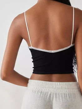 Women Crop Fitted Camisole Lace Trim Summer Spaghetti Strap Tank Tops Sleeveless T-Shirt for Streetwear Clubwear 5