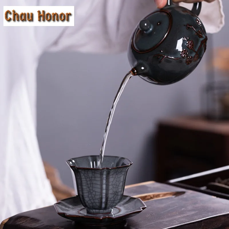 85ml Handmade Longquan Celadon Iron Tire Teacup Tea Bowl Beautiful Cup Saucer Kit Tea-tasting Mug Chazhan Master Cups Drinkware