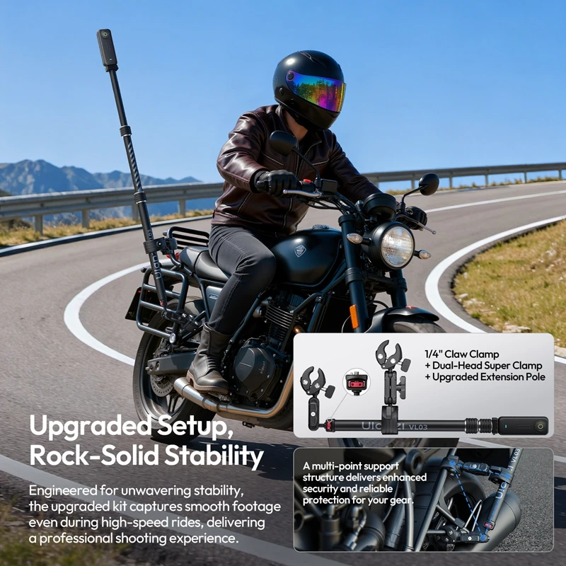 Ulanzi VL03 Motorcycle Invisible Selfie Stick Holder 360° Adjustable for Action Camera Outdoor Travel Livestreaming Vlog Shots
