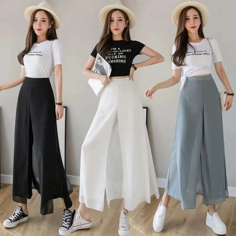 Wide Leg Pants Women Thin Loose Side-Slit Zipper Chiffon Design Ankle-Length Pure Color White All-Match 2022 New Summer Trousers