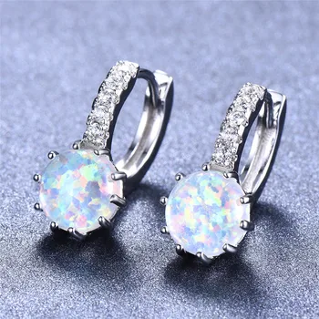 Classic Round Opal Stone Earrings Simple Fashion Silver Color Earrings Female Cute Small Hoop Earrings For Women Wedding Jewelry