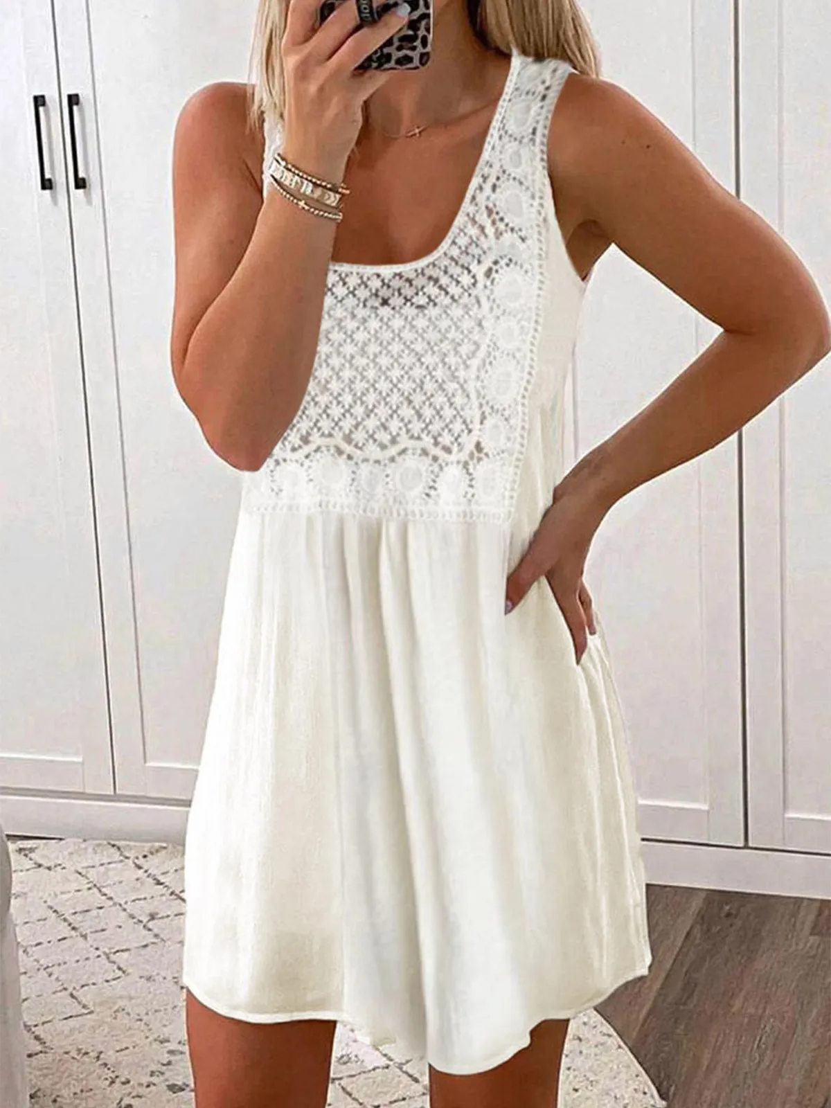 

Lace Splicing Hollow Out Sleeveless White Mini Dress For Woman Elegant Dress Office Loose Slim Lady O Neck Summer Casual Dress