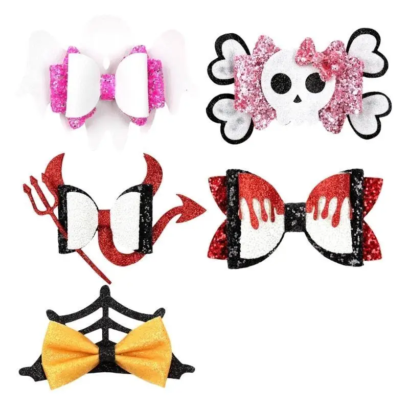 P9FE Set mit 5 bezaubernden Halloween-Haarnadeln mit Schleife, niedliche Halloween-Kürbis-Spinnen, Haarspangen mit Schleife für – Detail 8