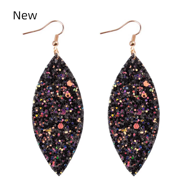 ZWPON Spring Marquise Glitter Leather Leaf Earrings for Women Fashion Sequins Various MultiColors Jewelry Long dangle earrings,long earrings,leather earrings