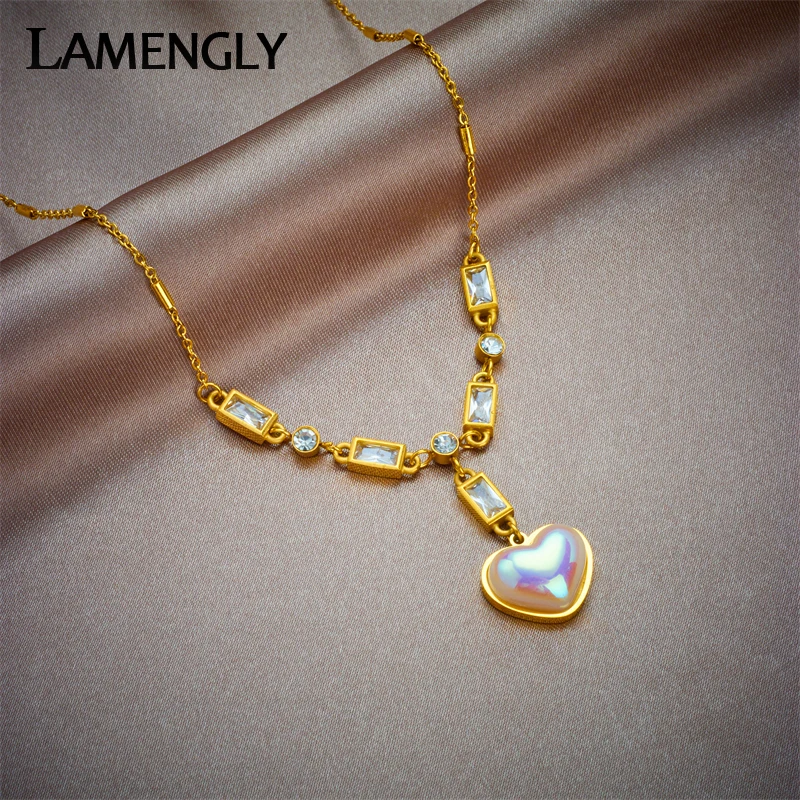 

LAMENGLY 316L Stainless Steel Heart Colorful Pearl Pendant Necklace For Women New Girls Geometric Crystal Chains Jewelry Gifts
