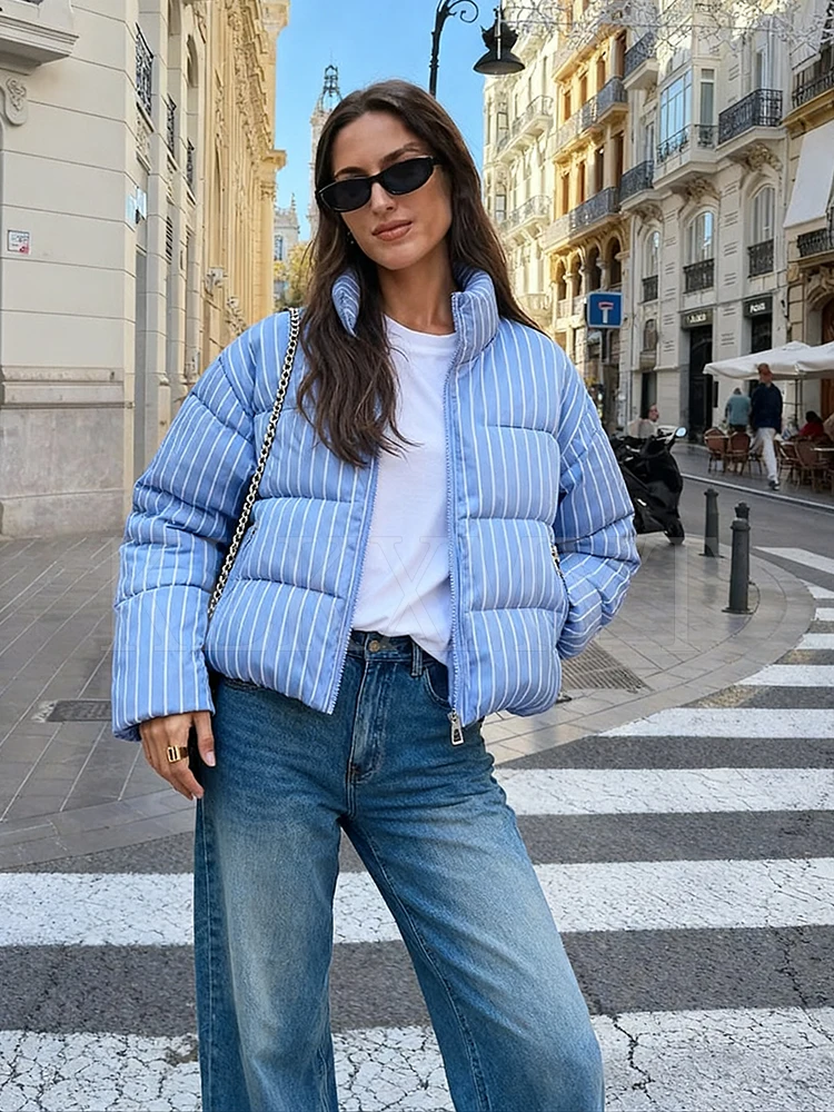 Women Chic Blue White Stripe Winter Jacket Zipper Stand Collar Short Parka Coat Fashion High Street Casual Jackets Outerwear