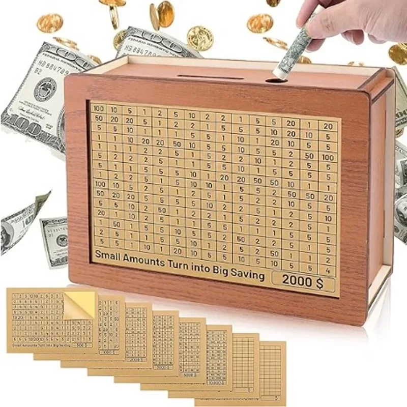 thumbnail image 1 of Alcancías de madera, cajas de dinero en dólares, cajas de dinero reutilizables ensambladas, decoraciones para el hogar, con objetivos y cifras de ahorro, 1 of 5