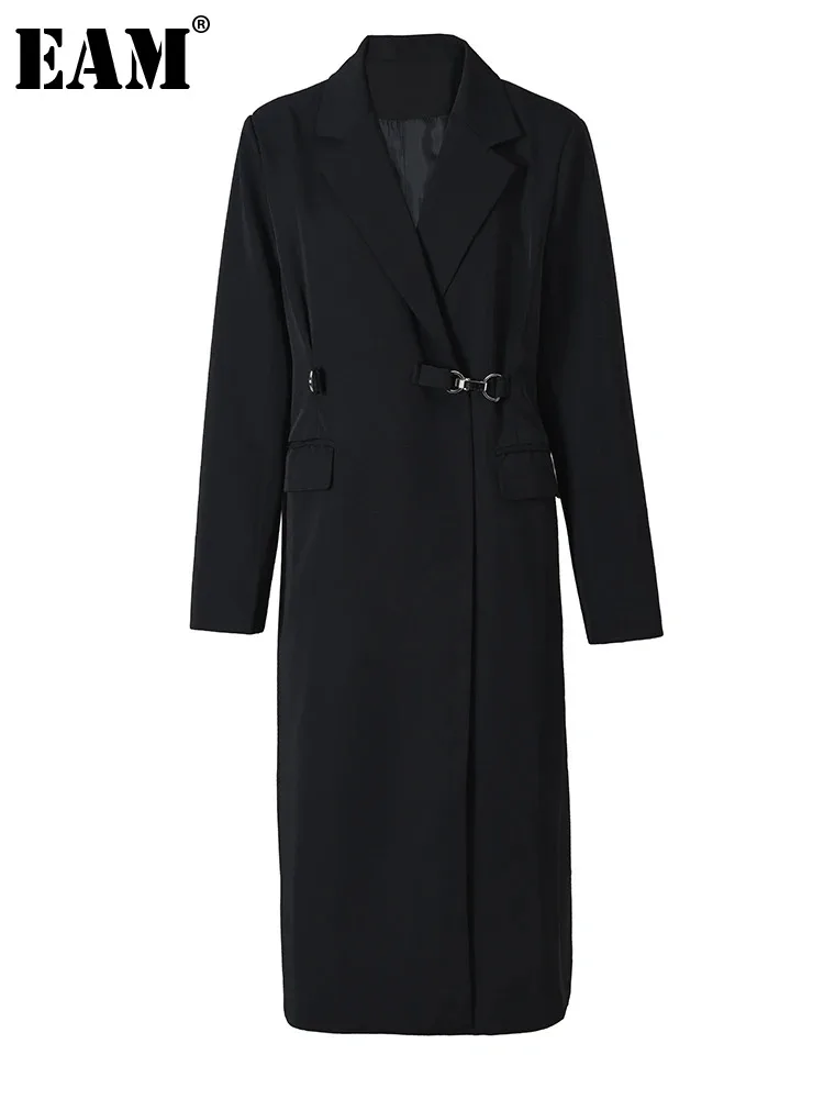 

[EAM] Women Black Metal Buckle Long Elegant Trench New Lapel Long Sleeve Windbreaker Fashion Tide Spring Autumn 2024 1DF0083