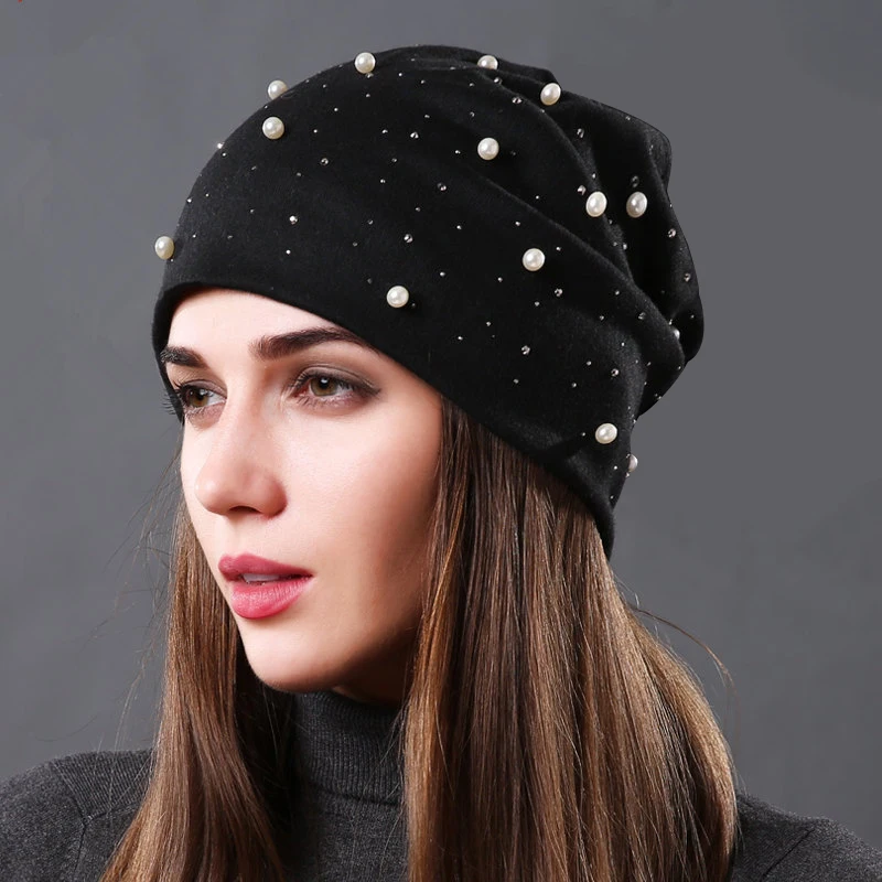 Auumn Winer lämmin pussimainen löysä pipo naiselle, Rhinesone Pearl Pearl -sohva, muokattavat pääkallohatut Casual turban Bonne_voghion.com