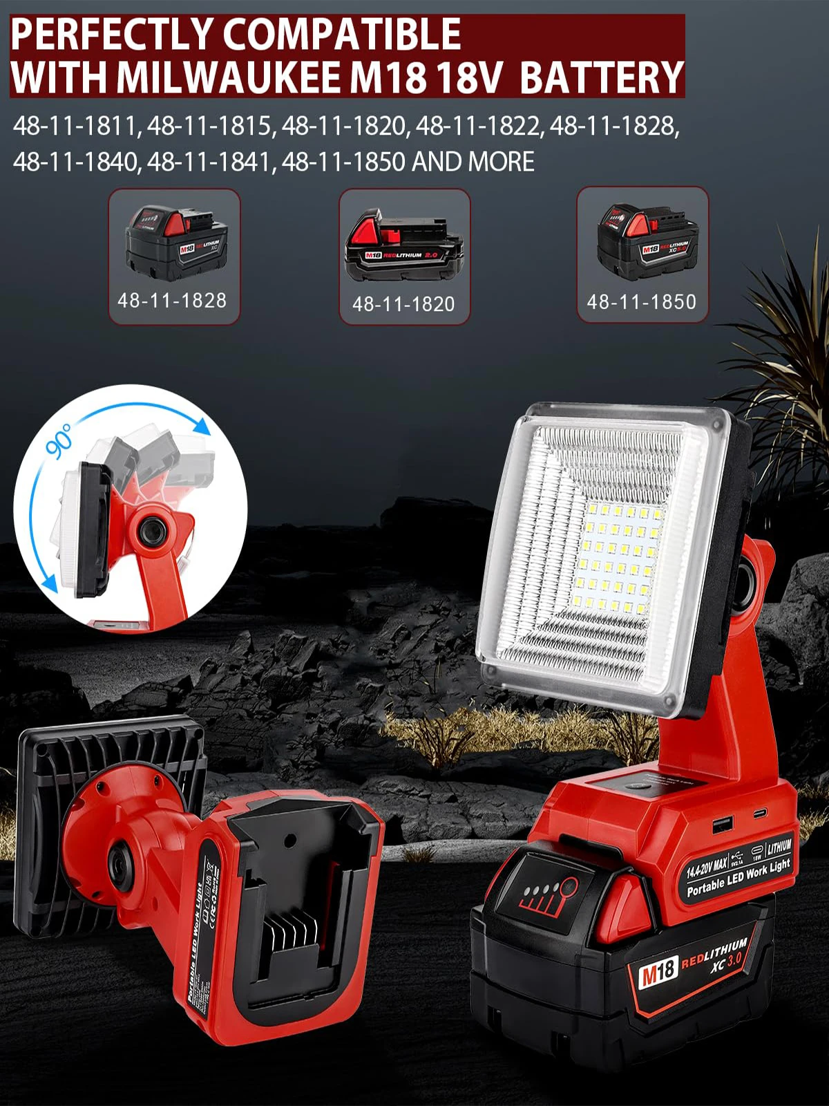 25W LED Work Light for Milwaukee M18 18V Battery Outdoor Flood Light with 2 USB