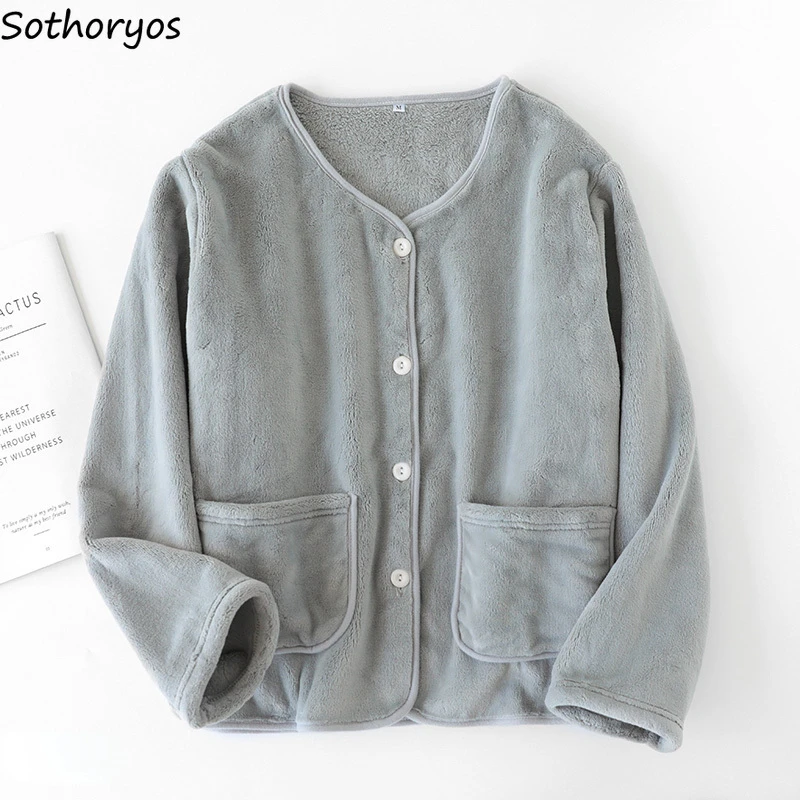 

Зимние Топы для сна, женские минималистичные теплые модные свободные универсальные домашние топы с карманами, удобная повседневная женская одежда в Корейском стиле