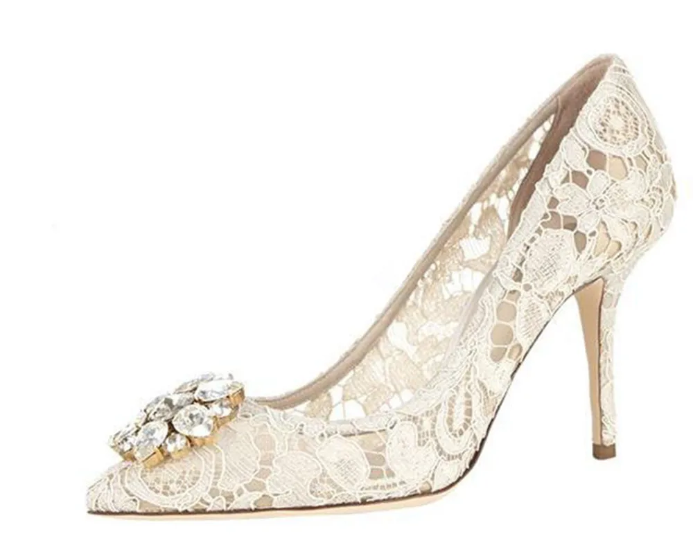 

Red Yellow Blue Lace Pumps Topped Jeweled 6CM 9CM High Heels Pointed Toe Crystal Wedding Sexy Rhinestone Women Party Shoes Woman