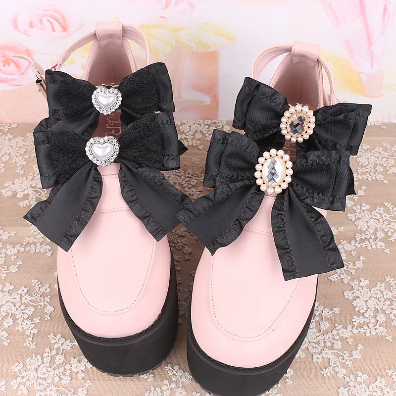 Handmade Japanese Style Sweet Cute Hair Clips Pearl Heart Rhinestone Bowknot Shoes Clipped Button Lolita Shoe Ornament