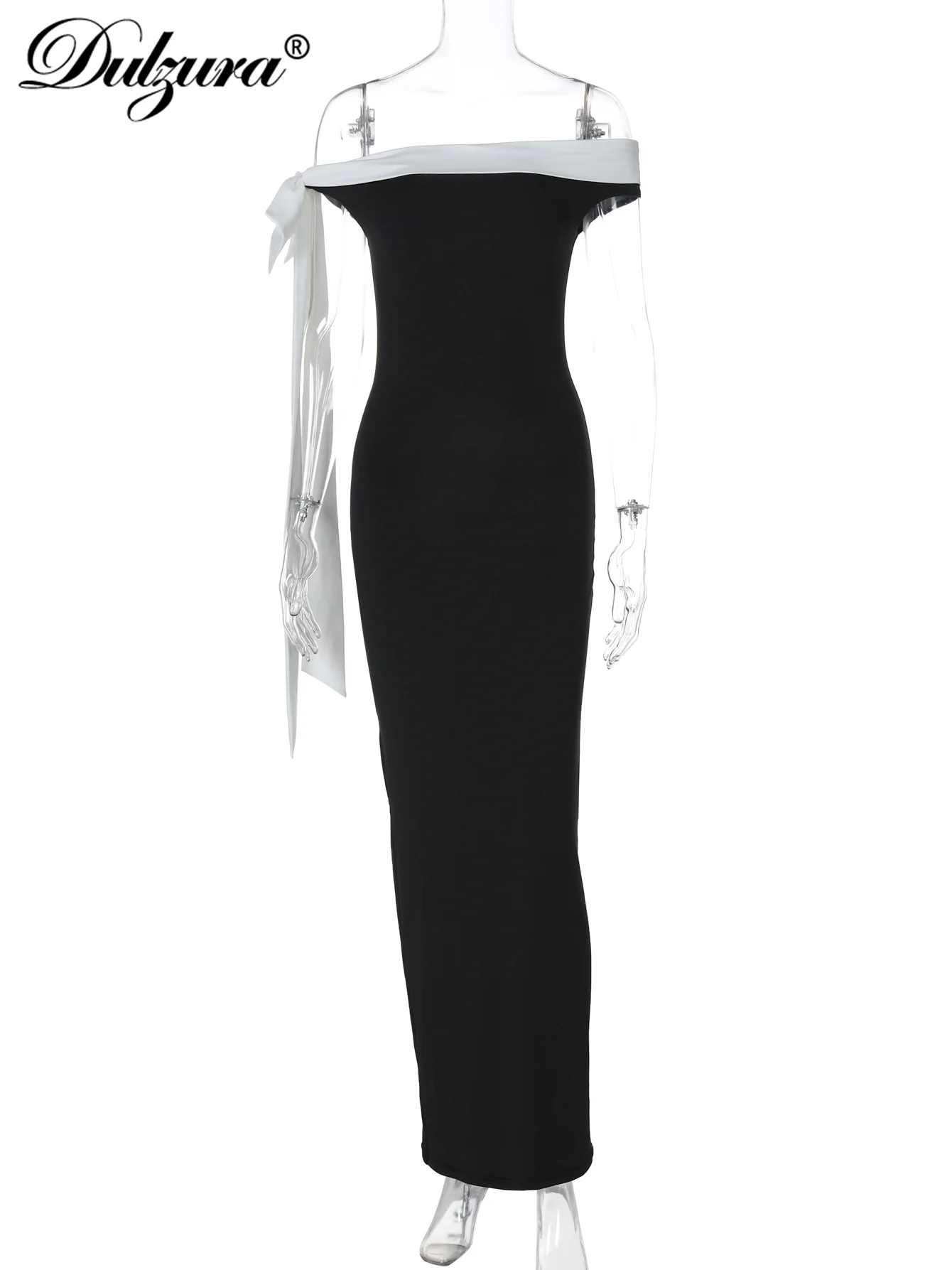 فستان دولزورا طويل بدون أكتاف بدون أكمام مع فيونكة...