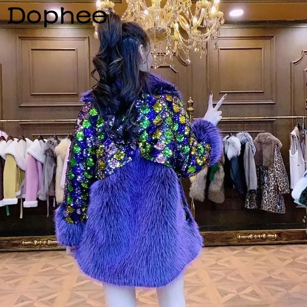 Heavy Color Sequined Rhinestone Purple Fur Coat Women Toka