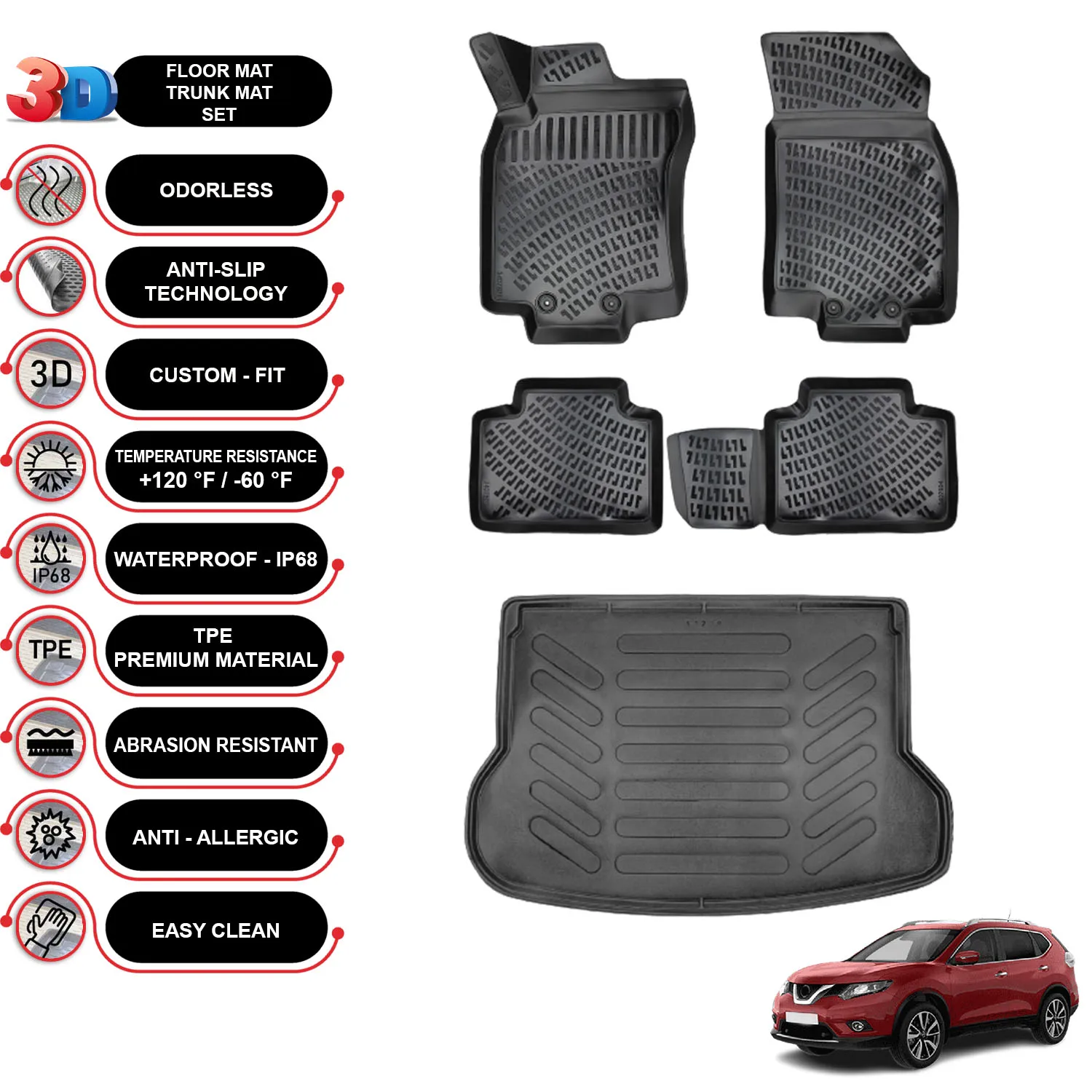 

Nissan X-Trail 7 Seats - (2014-2020) - Floor Mats + Cargo Trunk Liner - SET - (Black)