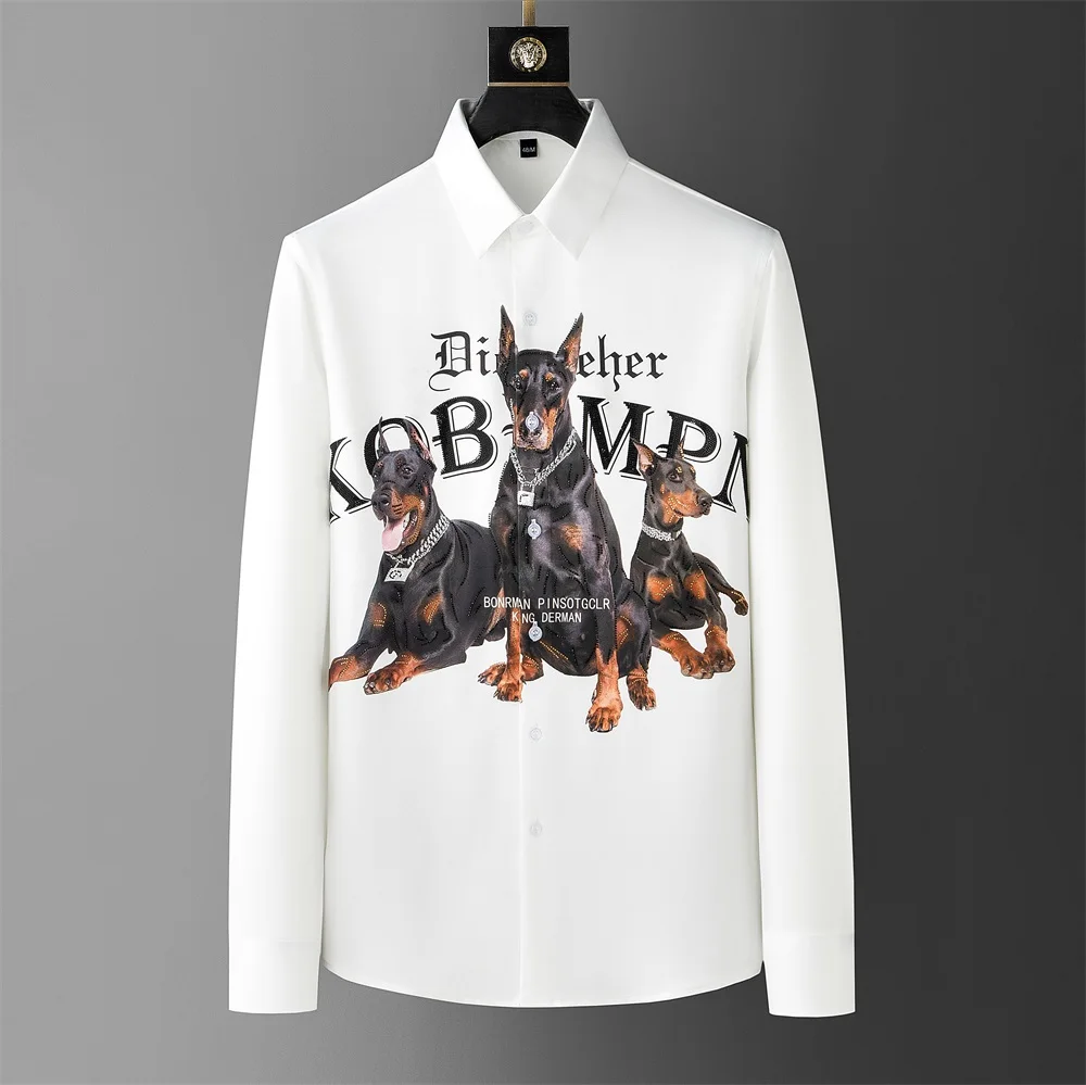 

Brand Luxury Dog Rhinestones Shirts Men Long Sleeve Casual Shirt Slim Business Social Dress Shirts Party Tuxedo Camisa Masculina