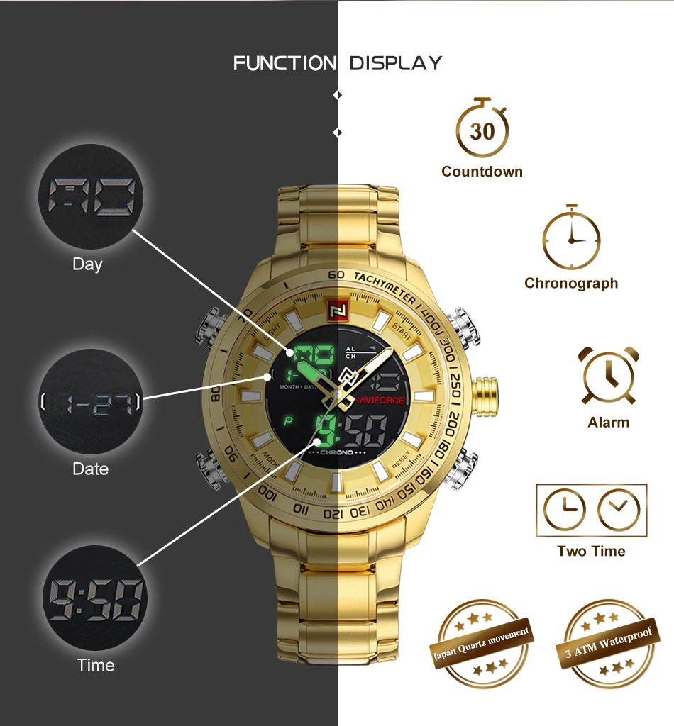 Sports Watch NAVIFORCE Mens Sport Watch Gold Quartz Led Clock Men Waterproof Wrist Watch Male Military Watches