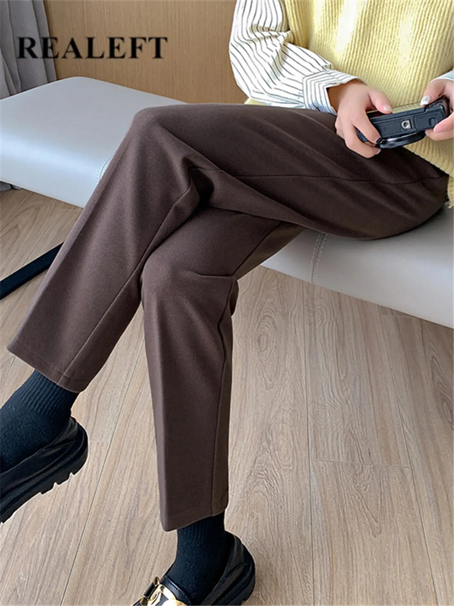 

REALEFT Autumn Winter Woolen Women's Haren Pants 2022 New Solid Mid Elastic Waist Elegant Workwear Straight Trouses Female