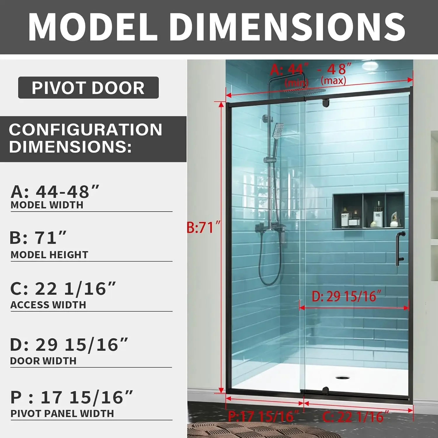 44-48" W x 71" H Piovt Swing Glass Shower Door,Pivot Semi-Frameless Glass Shower Door with 1/4"(6mm) Clear SGCC Tempered Glass 3