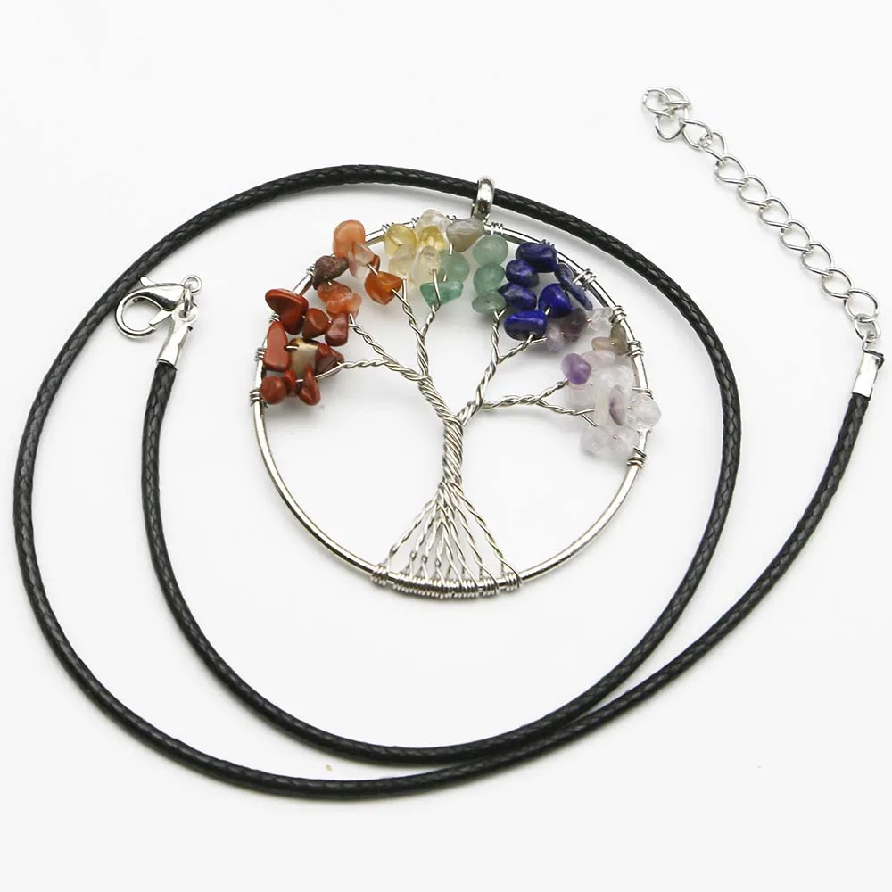 Natural Colorful Stone Crystal Fortune Life Tree Pendant Leather Rope Necklace Reiki Charm Fashion Jewelry Accessories Gift 6Pcs