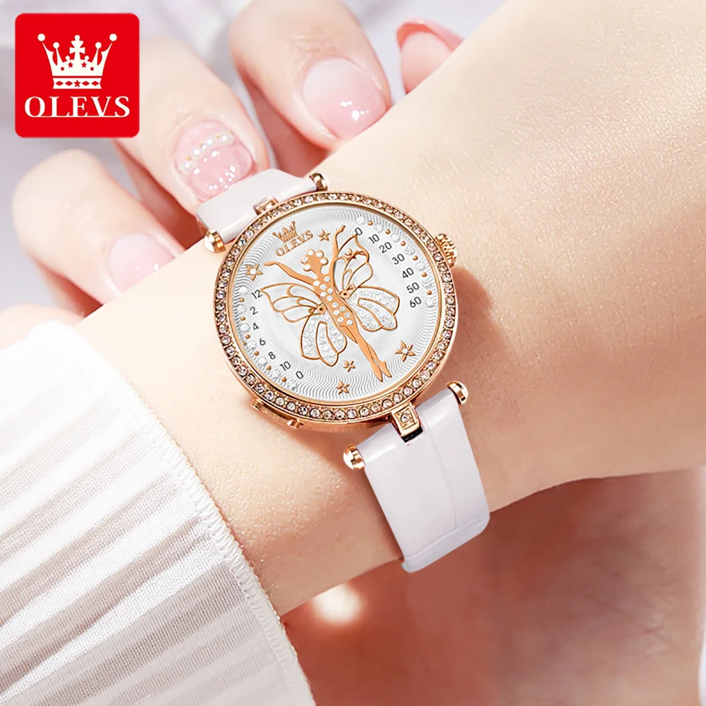 OLEVS Original Quartz Watch for Women Leather Strap Diamond Butterfly Dial Waterproof Elegant Women's Wristwatches Reloj Mujer