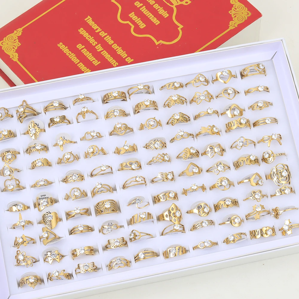 50Pcs/Lot Fashion Classic Zircon Hollow Stainless Steel Ring Women Mixed Style Wedding Engagement Jewelry Party Gifts