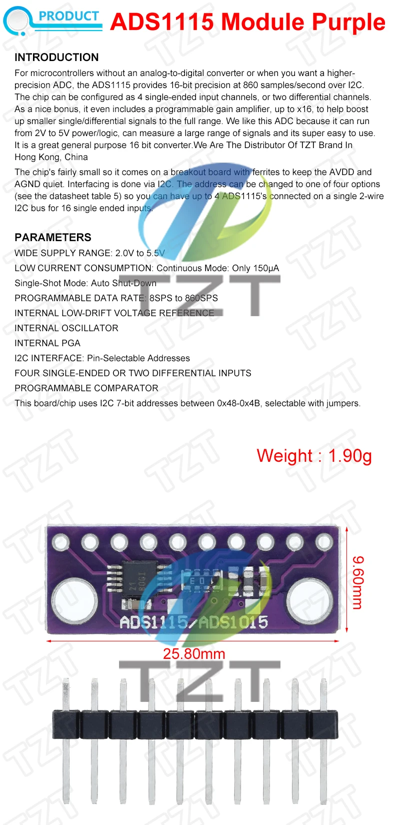 ADS1115 TZT 16 Bit I2C Modul Präzision ADC 4 Kanal Entwicklungsboard Pro Gain Verstärker 2,0 V bis 5,5 V für Arduino – Detail 6