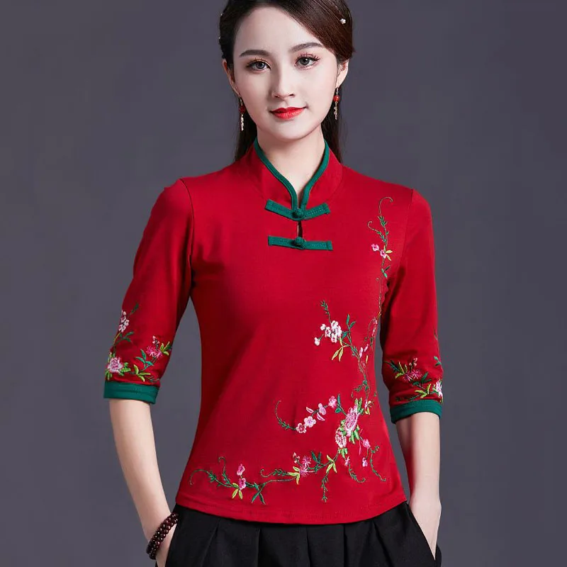 Cheongsam Women's Plus Size Tops Autumn Cotton Blend Splicing Embroidery Half Sleeve Chinese Style Retro Qipao Shirts Woman