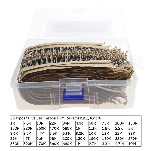 2500pcs Resistor Kit, 1/4W 5% Tolerance Carbon Film Resistors 1 Ohm-10M Ohm 50 Types 10R 39R 680R 56K 470K 3.3M 4.7M Ohm