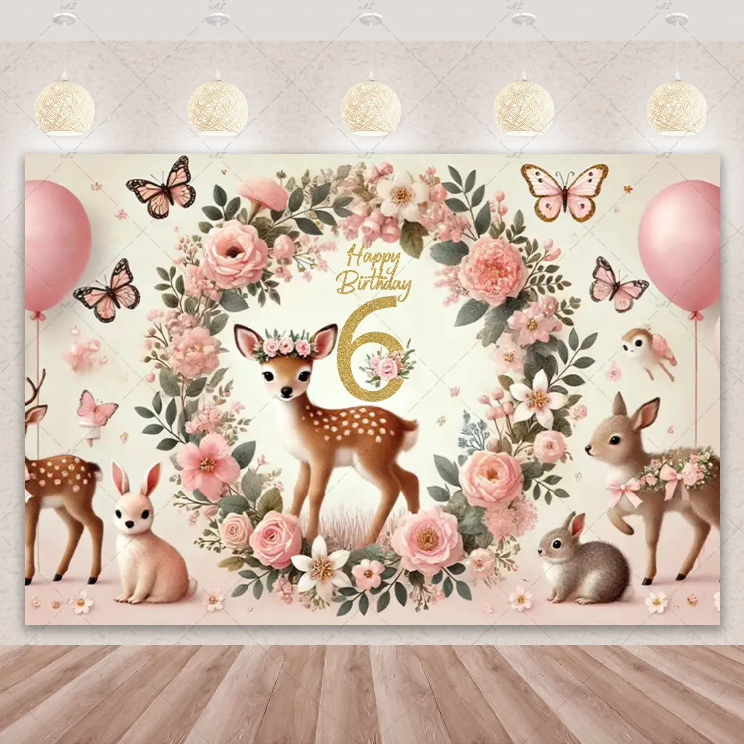 Niedlicher Hirsch-Hintergrund, Blumen- und Rehkitz-Geburtstagsparty-Dekorationen, individuelle funkelnde Zahl, wunderschönes Dschungel-Banner mit wilden Tieren – Detail 14
