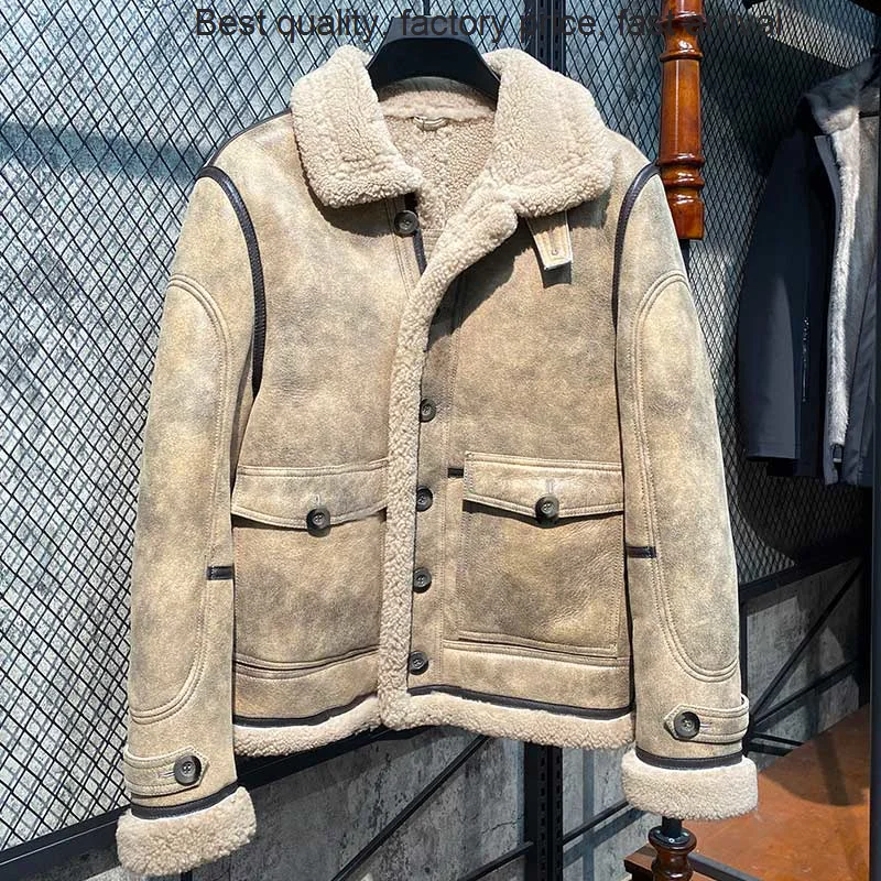 

High quality luxury brand Bomber Male Coats Vintage Biker Man Clothing Men's Sheepskin Genuine Leather Jacket Winter Thick Warm