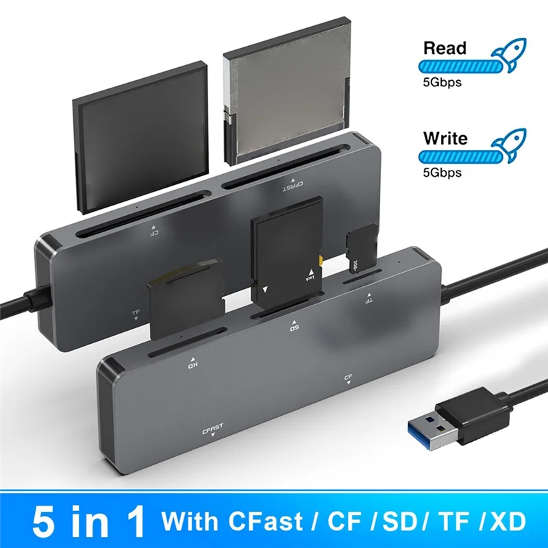 USB 3.0 다기능 카드 리더, PC 노트북 액세서리용, CFast, CF, XD, SD, TF 카드 리더, 5 in 1, 5Gbps