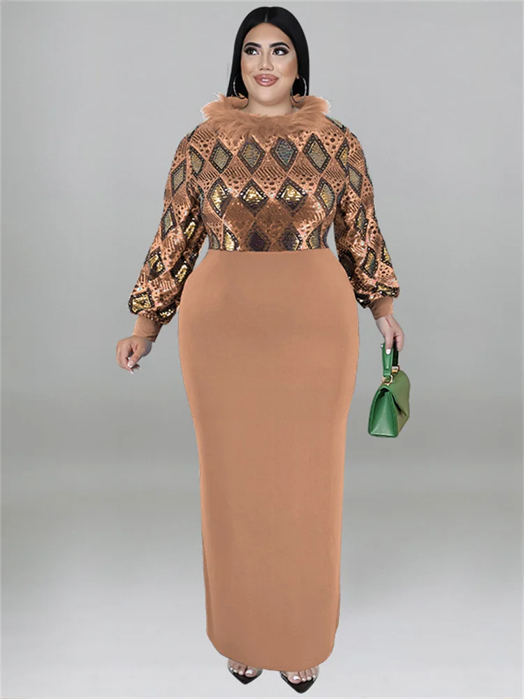 Wmstar Plus Size Dresses Women Print Patchwork Feather Long Sleeve Vintage Maxi Dress Elegant Streetwear Wholesale Dropshipping