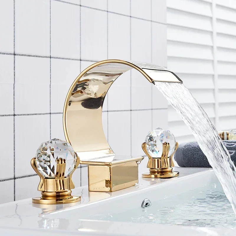 

Luxury Bathtub Waterfall Faucet Dual Crystal Handle Gold Bathtub Faucet Wall Mounted Gold Toilet Bathtub Faucet