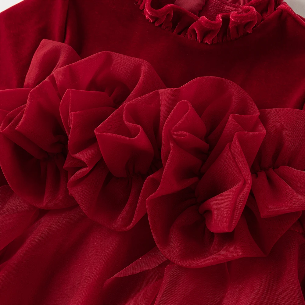 ديف بيلا الفتيات الأميرة المخملية فستان الشتاء الطفل لطيف سحر الدانتيل فستان شبكي حفلة سميكة طويلة الأكمام ملابس خارجية حمراء DB4254215