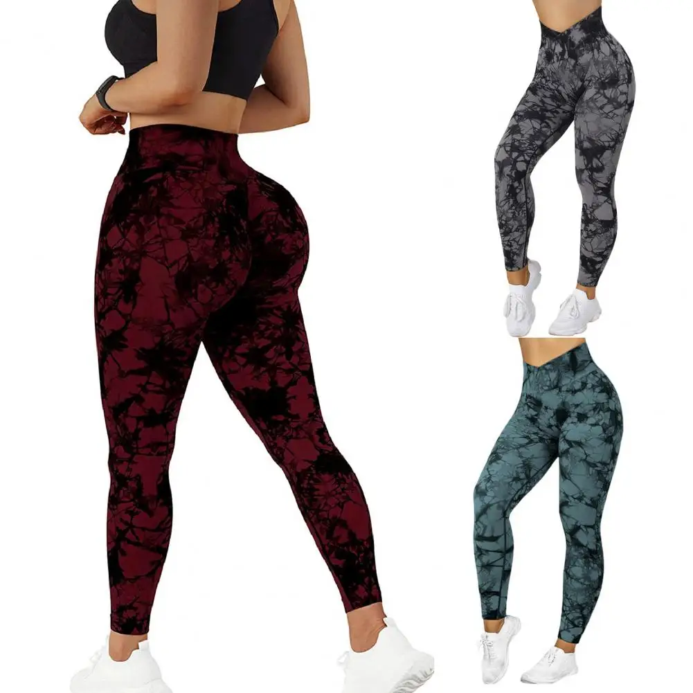 LadyLeggingsCrossStrapsHighWaistFitnessPantTiedyePrinting