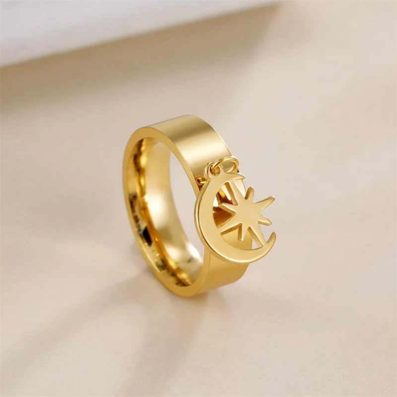 Edelstahl Mond Stern Ringe für Frauen Mädchen Punk Blume Anhänger frauen Ring Paar Schmuck 2023 Trend Hochzeit Party Geschenke – Detail 9