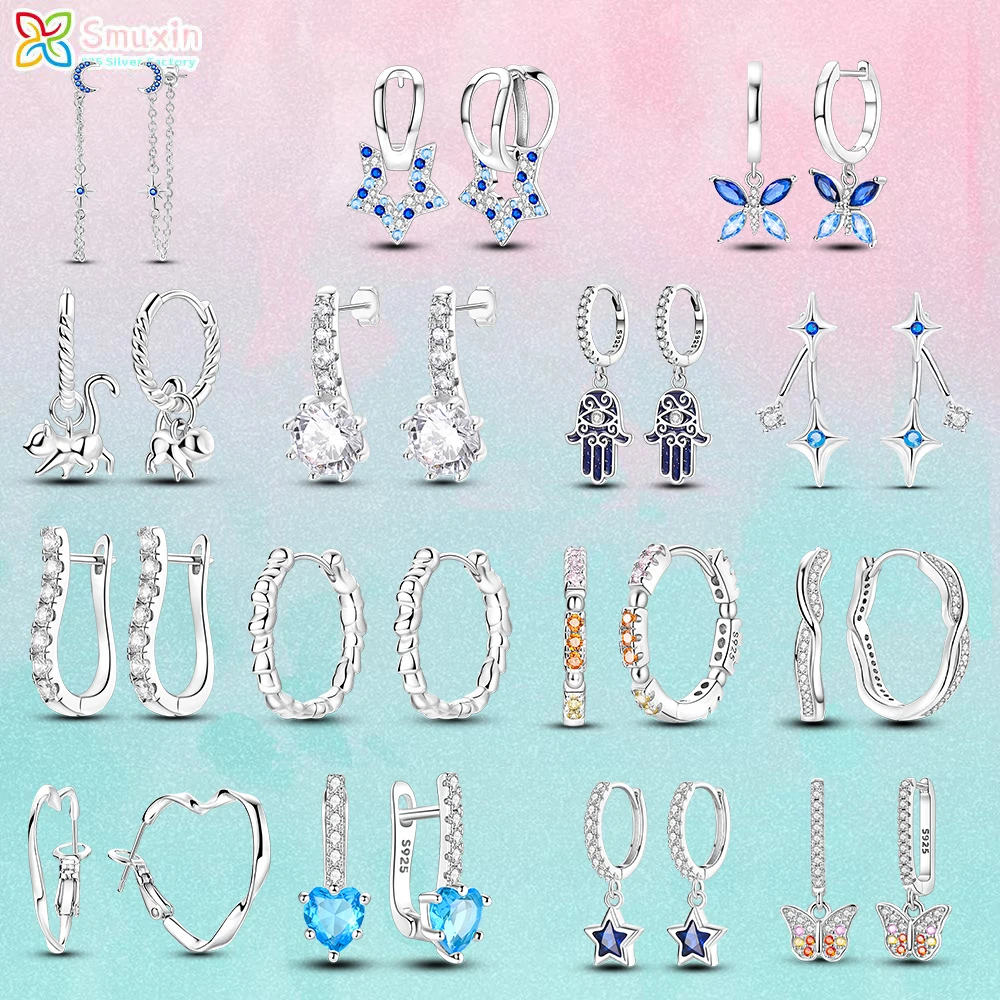 Smuxin Orecchini In Argento Sterling 925 Meteore Colorate Acquamarina Farfalla Amore Stella E Luna Orecchini A Cerchio A Mano Orecchini Donna